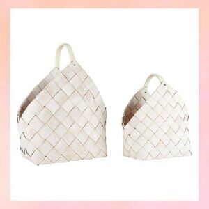 Set of 2 White-Washed Woven Wall Hanging Baskets - Boho Storage